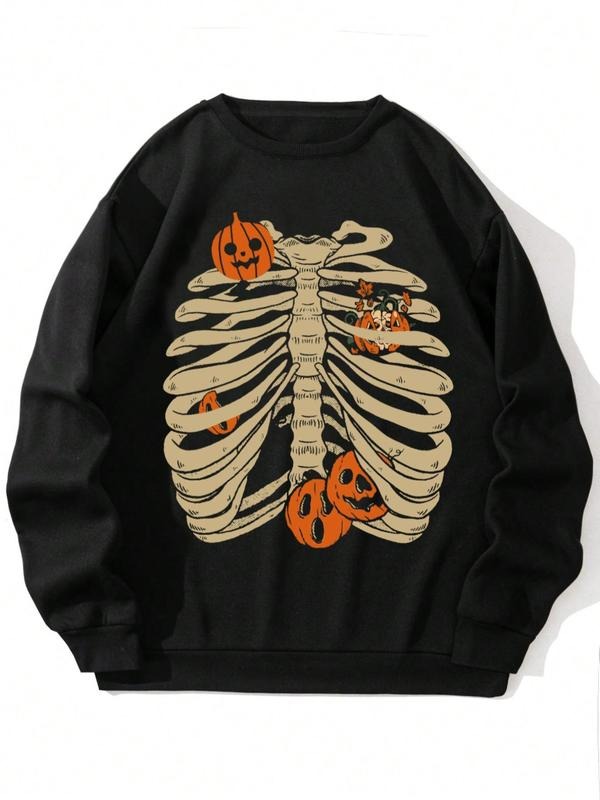 Men's Halloween Casual Fitted Sweatshirt, Fall & Winter Fashion, Skull Pumpkin Design, Moderate Fabric, Trendy Style...
