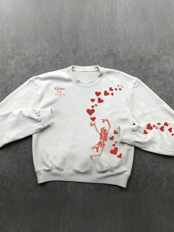 Men's Halloween Costume Crewneck Sweatshirt - Skeleton & Red Heart Graphic Print Pullover, Spooky Festive Long Sleeve Top...