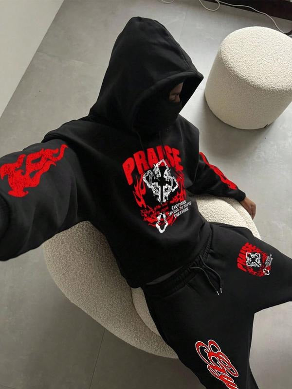 Men's Halloween Cross Print Hoodie Set, Casual Fashion, Trendy Youth Style, Campus Chic, Versatile Personality, Spring &...