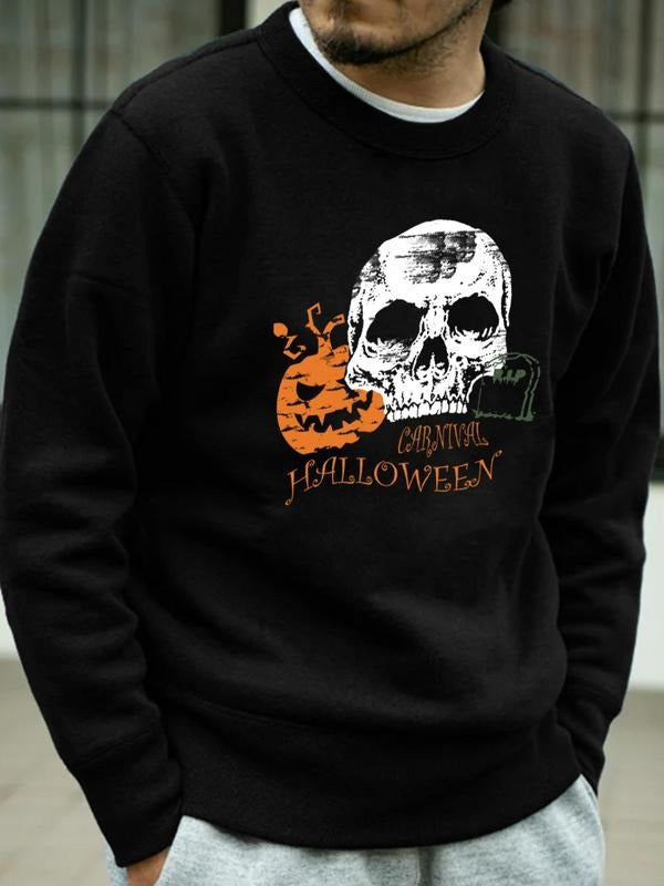 Men's Halloween Graphic Sweatshirt, Casual Fitted Long Sleeve Top, Fall & Winter Fashion, Skull Pumpkin Print, No...
