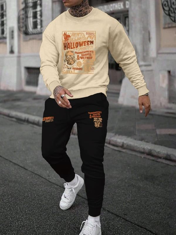 Men's Halloween Letter Print Casual Sweatshirt Set, Long Sleeve Fitted Top, Regular Length, Moderate Fabric, Fall &...