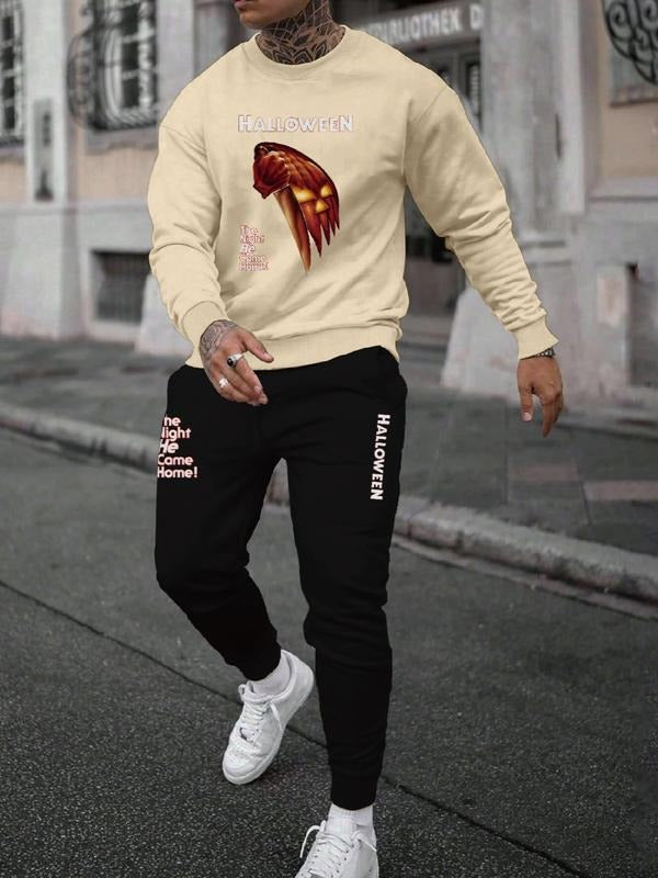 Men's Halloween Letter Print Casual Sweatshirt Set, Long Sleeve Fitted Top, Regular Length, Moderate Fabric, Fall &...