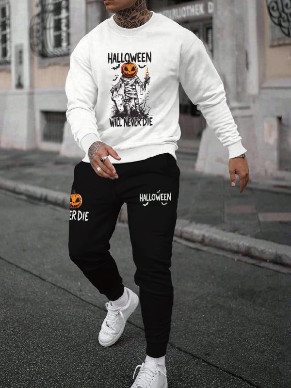 Men's Halloween Letter Print Casual Sweatshirt Set, Long Sleeve Fitted Top, Regular Length, Moderate Fabric, Fall &...