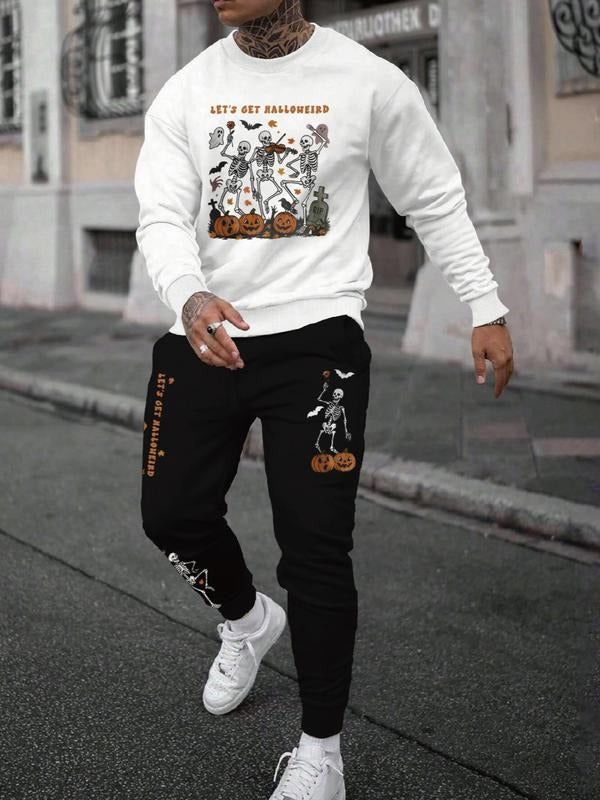 Men's Halloween Letter Print Casual Sweatshirt Set, Long Sleeve Fitted Top, Regular Length, Moderate Fabric, Fall &...