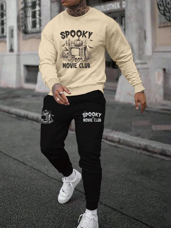 Men's Halloween Letter Print Casual Sweatshirt Set, Long Sleeve Fitted Top, Regular Length, Moderate Fabric, Fall &...