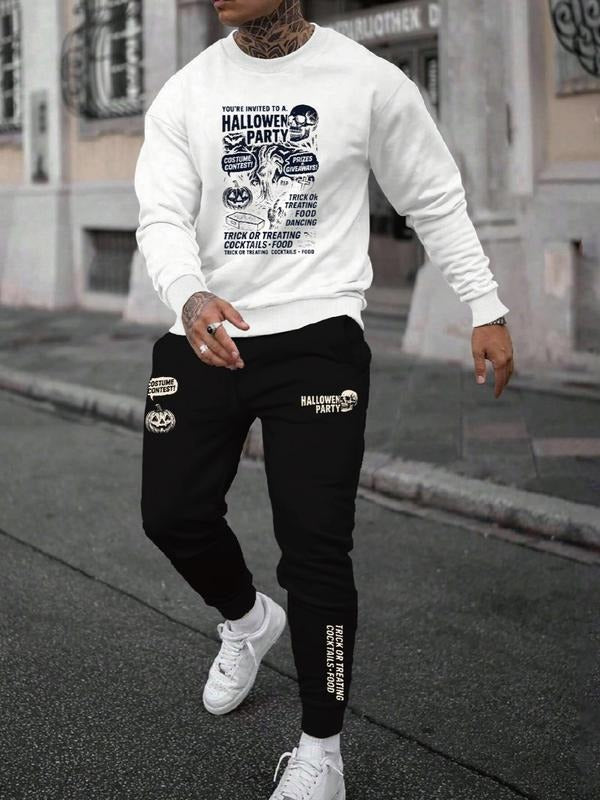 Men's Halloween Letter Print Casual Sweatshirt Set, Long Sleeve Fitted Top, Regular Length, Moderate Fabric, Fall &...