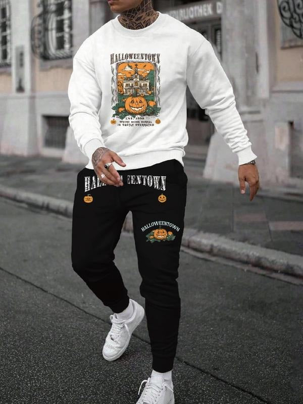 Men's Halloween Letter Print Casual Sweatshirt Set, Long Sleeve Fitted Top, Regular Length, Moderate Fabric, Fall &...