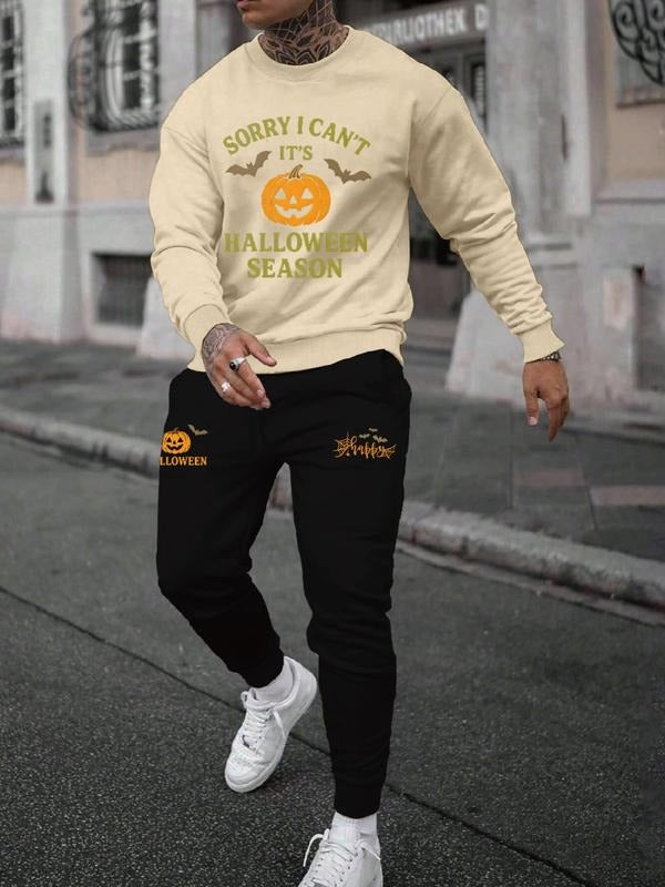 Men's Halloween Letter Print Casual Sweatshirt Set, Long Sleeve Fitted Top, Regular Length, Moderate Fabric, Fall &...