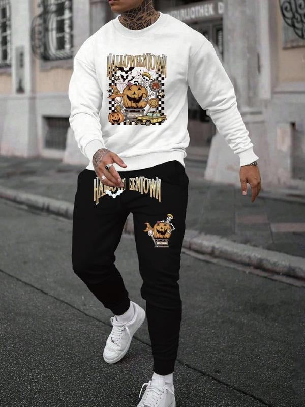 Men's Halloween Letter Print Casual Sweatshirt Set, Long Sleeve Fitted Top, Regular Length, Moderate Fabric, Fall &...