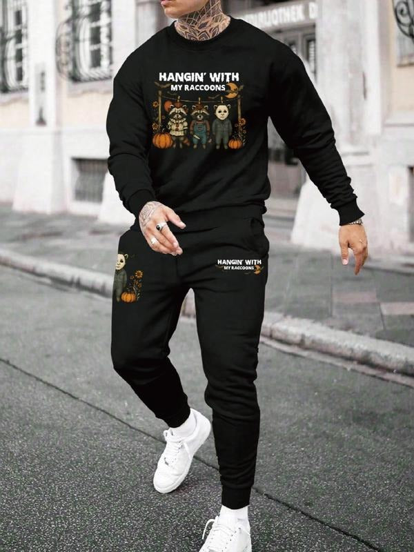 Men's Halloween Letter Print Casual Sweatshirt Set, Long Sleeve Fitted Top, Regular Length, Moderate Fabric, Fall &...