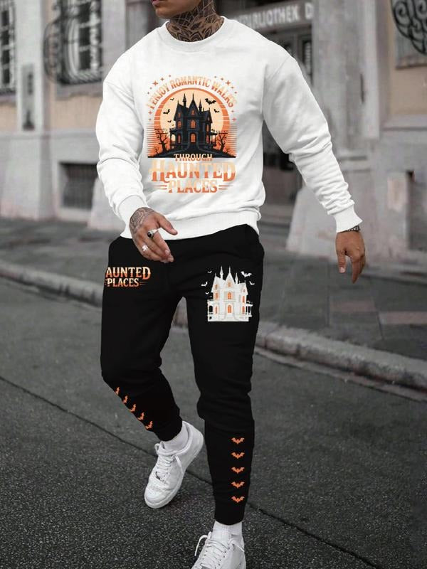 Men's Halloween Letter Print Casual Sweatshirt Set, Long Sleeve Fitted Top, Regular Length, Moderate Fabric, Fall &...