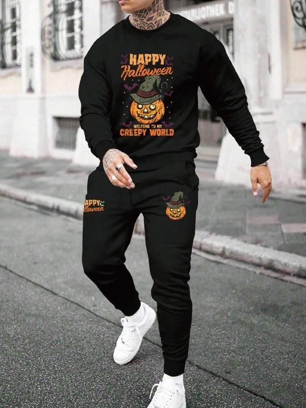 Men's Halloween Letter Print Casual Sweatshirt Set, Long Sleeve Fitted Top, Regular Length, Moderate Fabric, Fall &...