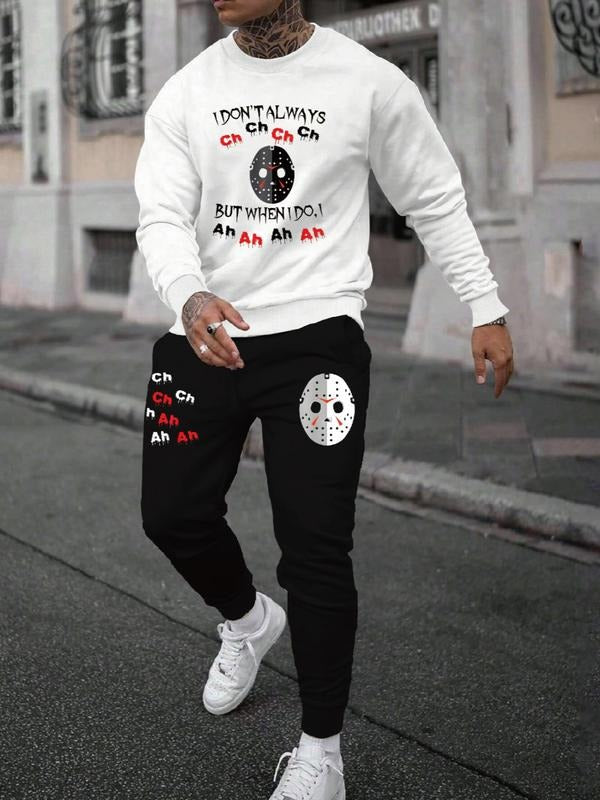Men's Halloween Letter Print Casual Sweatshirt Set, Long Sleeve Fitted Top, Regular Length, Moderate Fabric, Fall &...