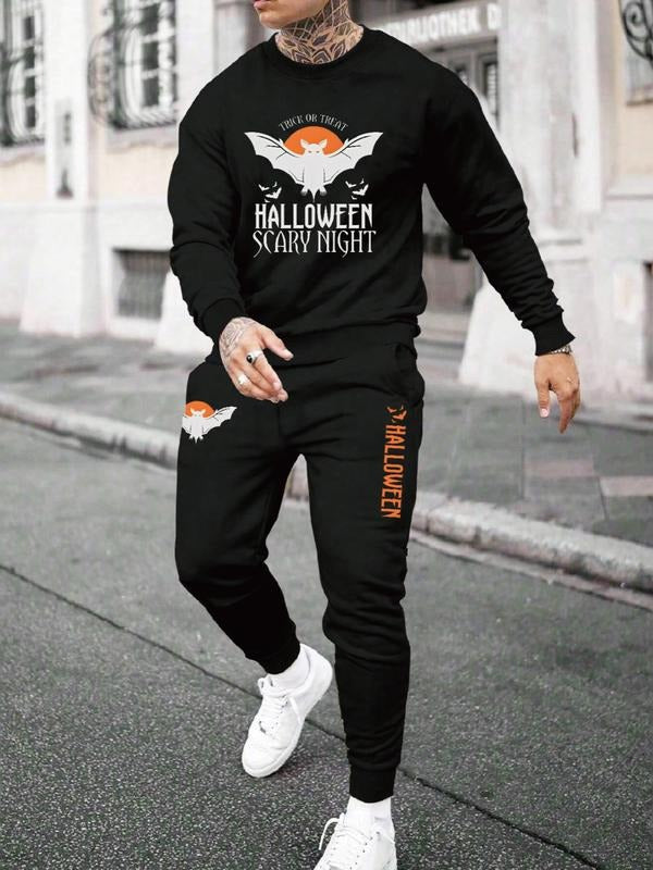 Men's Halloween Letter Print Casual Sweatshirt Set, Long Sleeve Fitted Top, Regular Length, Moderate Fabric, Fall &...