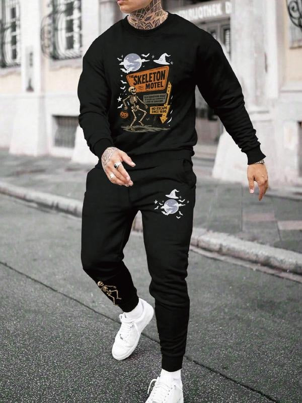 Men's Halloween Letter Print Casual Sweatshirt Set, Long Sleeve Fitted Top, Regular Length, Moderate Fabric, Fall &...