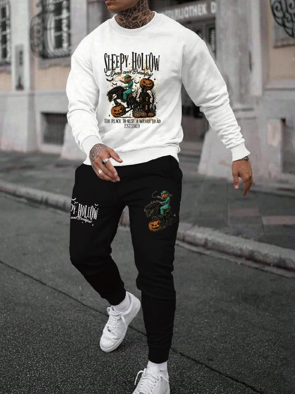 Men's Halloween Letter Print Casual Sweatshirt Set, Long Sleeve Fitted Top, Regular Length, Moderate Fabric, Fall &...