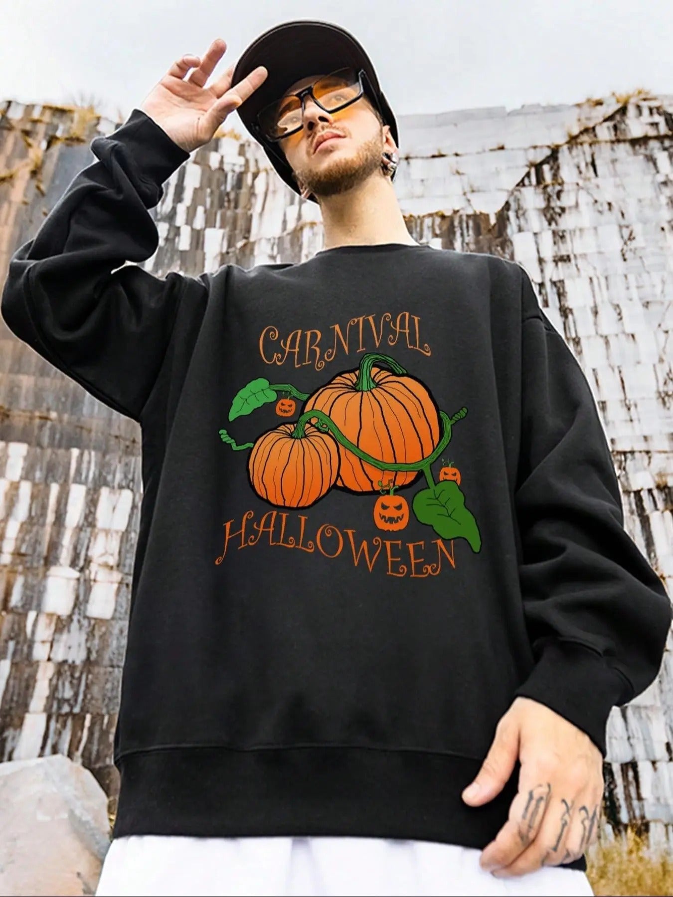 Men's Halloween Pumpkin &  Letter Print Drop Shoulder Sweatshirt, Regular Fit Casual Soft Comfy Long Sleeve Round Neck...