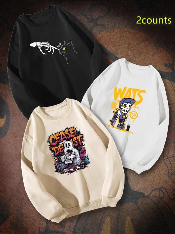Men's Halloween Themed Print Drop Shoulder Sweatshirt, Casual Comfy Regular Fit Long Sleeve Pullover for Daily Wear,...