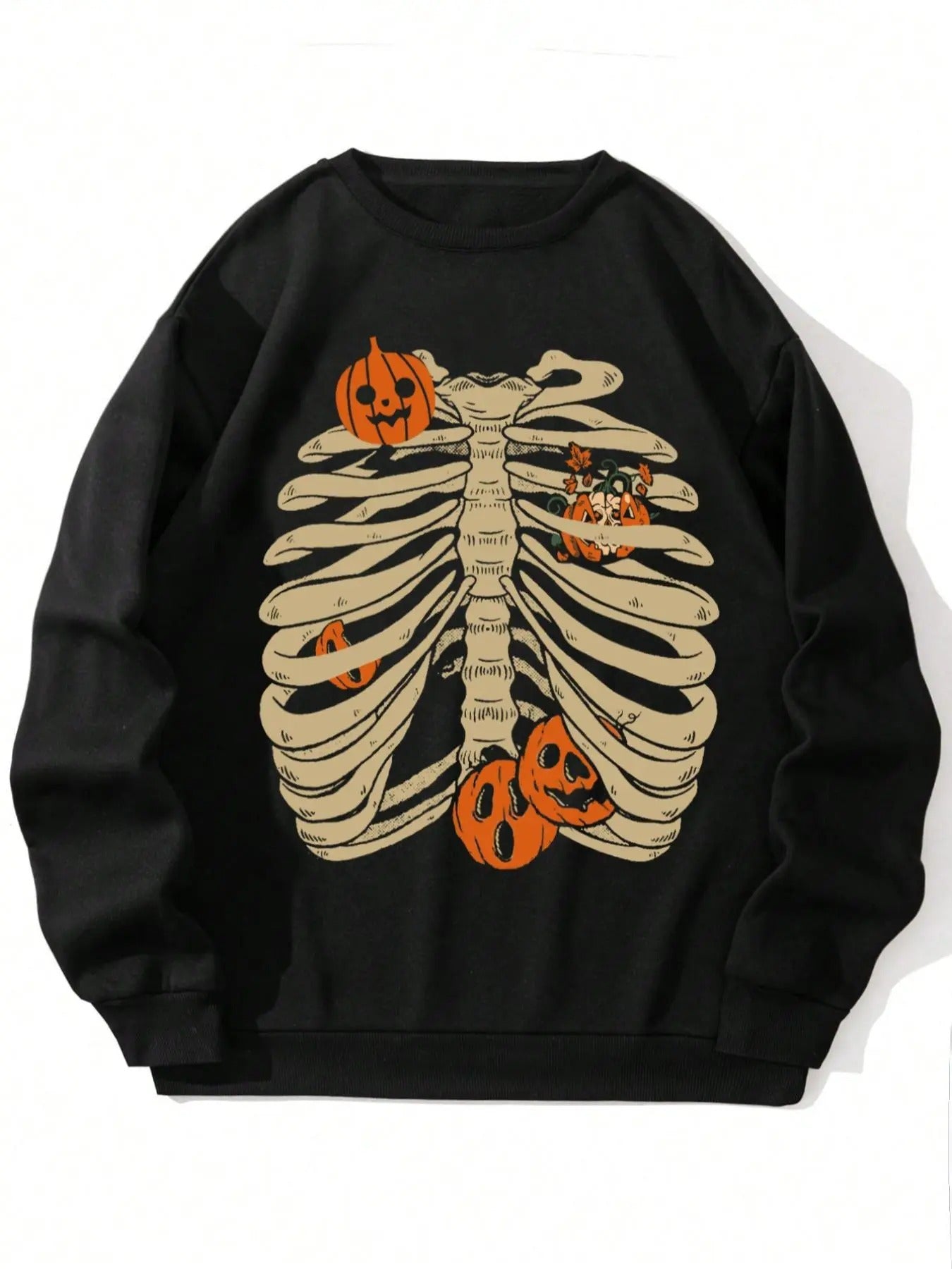 Men's Halloween Themed Skeleton & Pumpkin Print Sweatshirt, Regular Fit Casual Drop Shoulder Long Sleeve Pullover for...