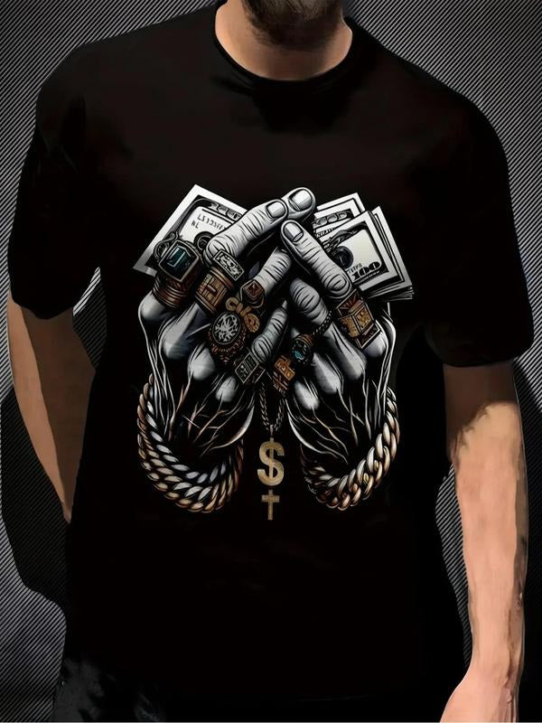 Men's Hand Holding Dollar Print Round Neck Tee, Regular Fit Casual Short Sleeve Crew Neck T-Shirt for Daily Wear, Fashion...
