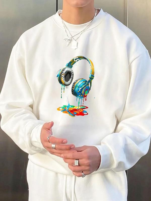 Men's Headphone Print Drop Shoulder Sweatshirt, Regular Fit Casual Long Sleeve Round Neck Pullover for Fall & Winter,...