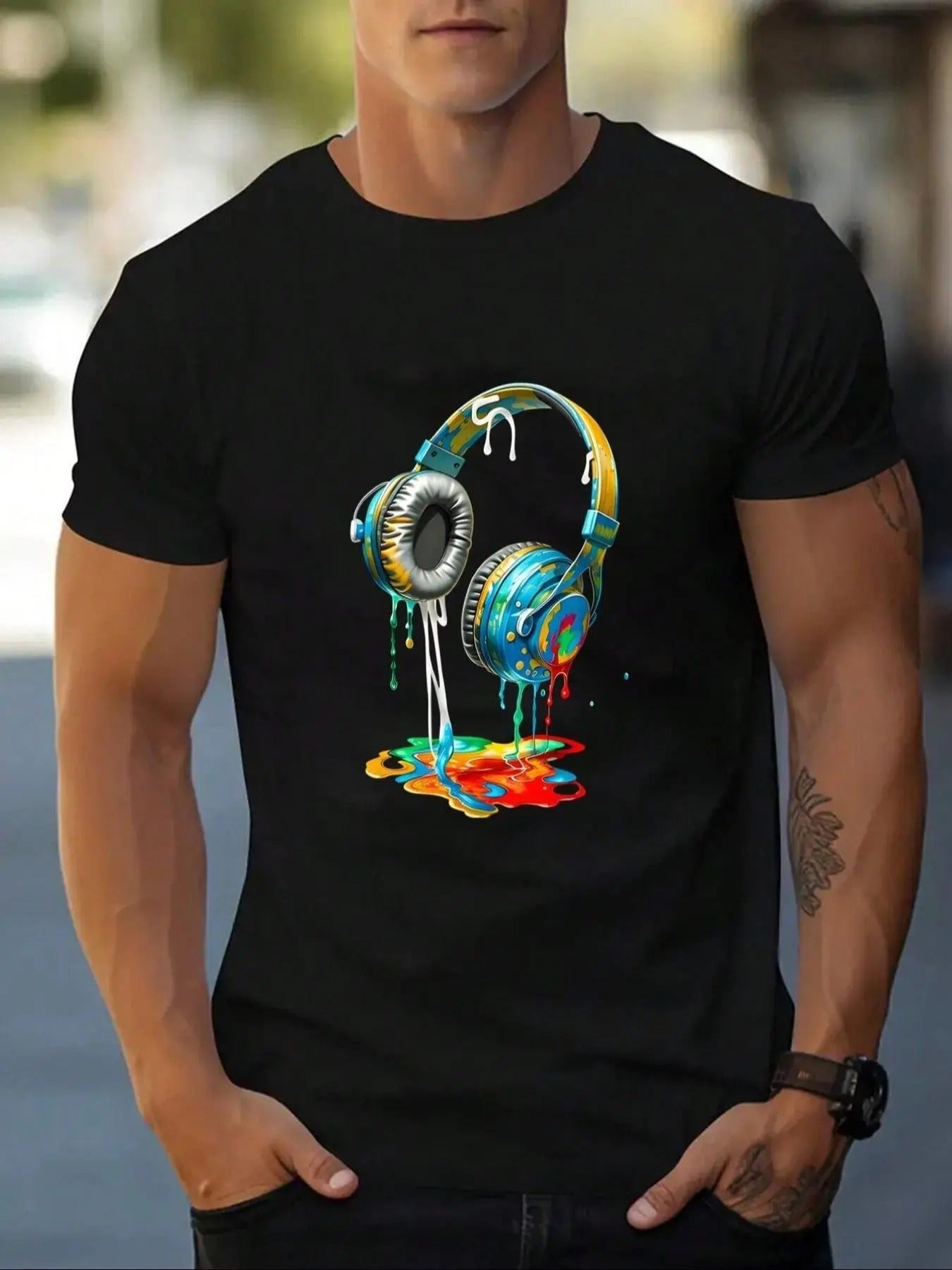 Men's Headphone Print Round Neck Tee, Regular Fit Casual Short Sleeve Crew Neck T-shirt for Summer, Fashion Men's Top for...