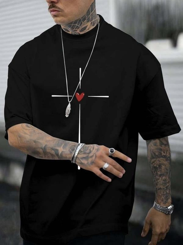 Men's Heart & Cross Print Round Neck Tee, Regular Fit Casual Short Sleeve T-shirt for Summer, Men's Top for Daily Wear,...