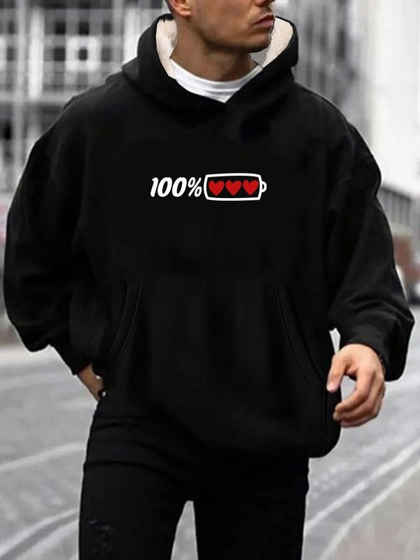 Men's Heart & Figure Print Thermal Lined Hoodie, Casual Regular Fit Long Sleeve Hooded Sweatshirt for Fall & Winter,...