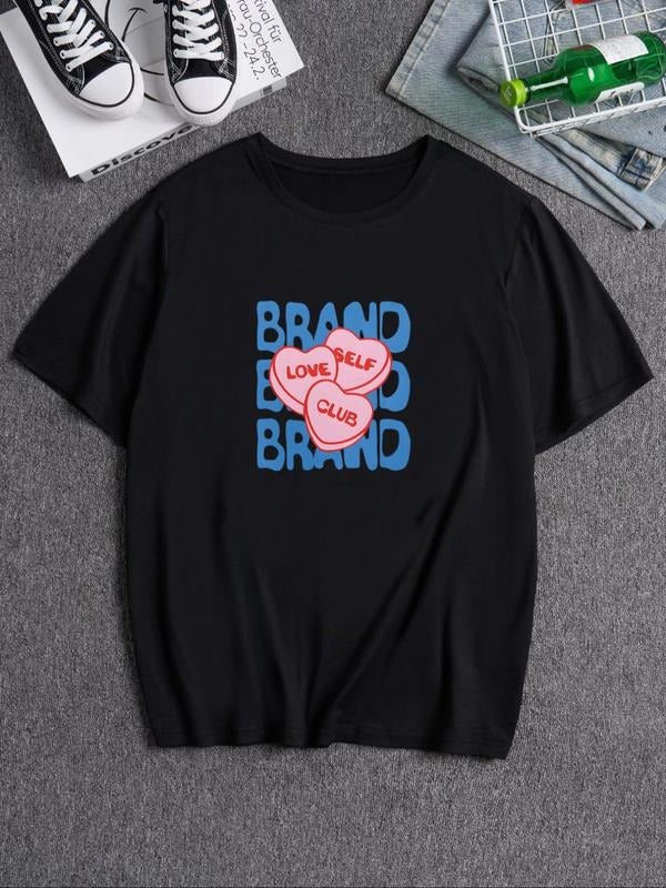 Men's Heart & Letter Print Round Neck Tee, Casual Fashion Short Sleeve T-shirt for Summer, Men's Top for Daily Wear...