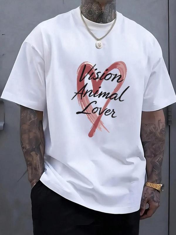 Men's Heart & Letter Print Round Neck Tee, Regular Fit Casual Short Sleeve T-shirt for Summer, Men's Top for Daily Wear...