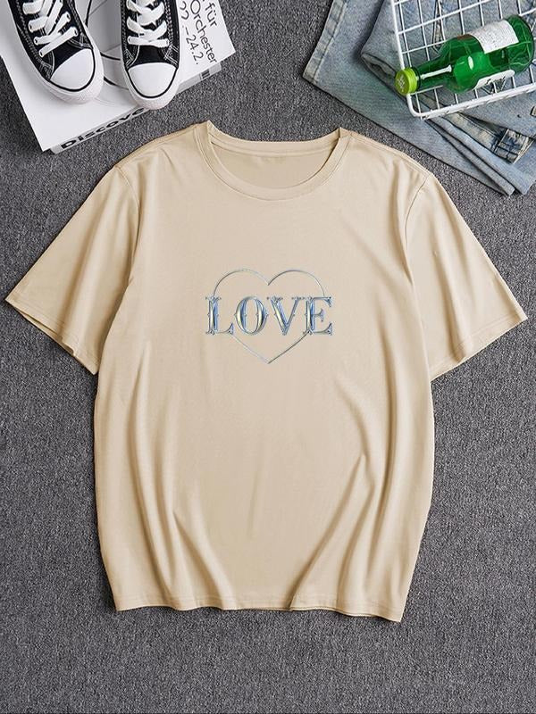 Men's Heart & Letter Print Round Neck Tee, Street Fashion Casual Short Sleeve T-shirt for Daily Wear, Menswear for All...