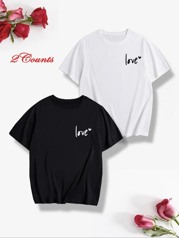 Men's Heart & Letter Print Short Sleeve Graphic Tee, Regular Fit Casual Street Round Neck T-shirt for Daily Wear, Men's...