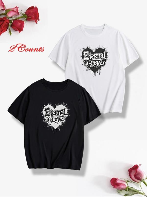 Men's Heart & Letter Print Short Sleeve Tee, Casual Loose Round Neck T-shirt for Daily Wear, Men's Top for All Seasons...