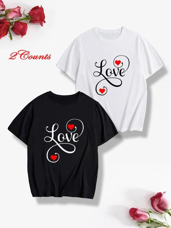Men's Heart & Letter Print Short Sleeve Tee, Casual Loose Round Neck T-shirt for Summer, Couple T-shirt for Daily Wear...