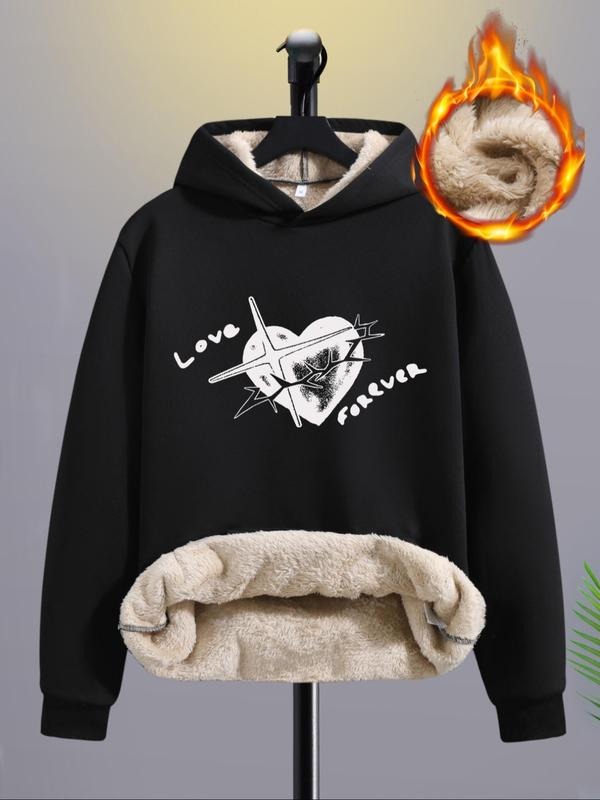 Men's Heart & Letter Print Thermal Lined Hoodie, Casual Regular Fit Long Sleeve Hooded Sweatshirt for Fall & Winter,...