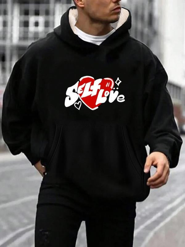 Men's Heart & Letter Print Thermal Lined Hoodie, Casual Regular Fit Long Sleeve Hooded Sweatshirt for Fall & Winter,...