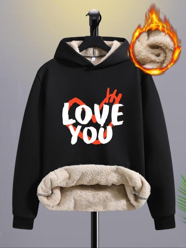 Men's Heart & Letter Print Thermal Lined Hoodie, Casual Regular Fit Long Sleeve Hooded Sweatshirt for Fall & Winter,...