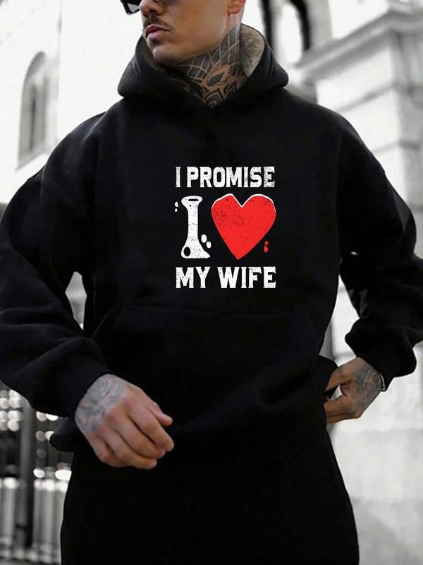 Men's Heart & Letter Print Thermal Lined Hoodie, Regular Fit Casual Long Sleeve Hooded Sweatshirt for Fall & Winter,...