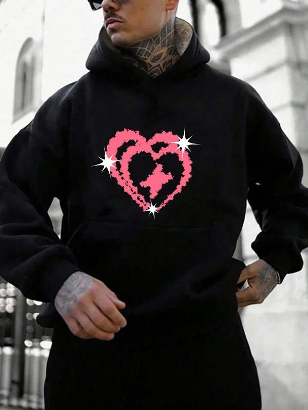 Men's Heart   Print Thermal Lined Hoodie, Casual Regular Fit Long Sleeve Hooded Sweatshirt for  Winter, Men's Top for...
