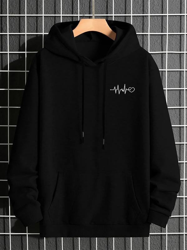 Men's Heart Print Drawstring Hoodie Long Sleeve, Casual Fitted Graphic Hooded Sweatshirt, Perfect Gift for Friends...