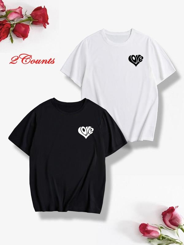 Men's Heart Print Round Neck Tee, Loose Casual Fashion Short Sleeve T-shirt for Summer, Men's Top for Daily Wear...