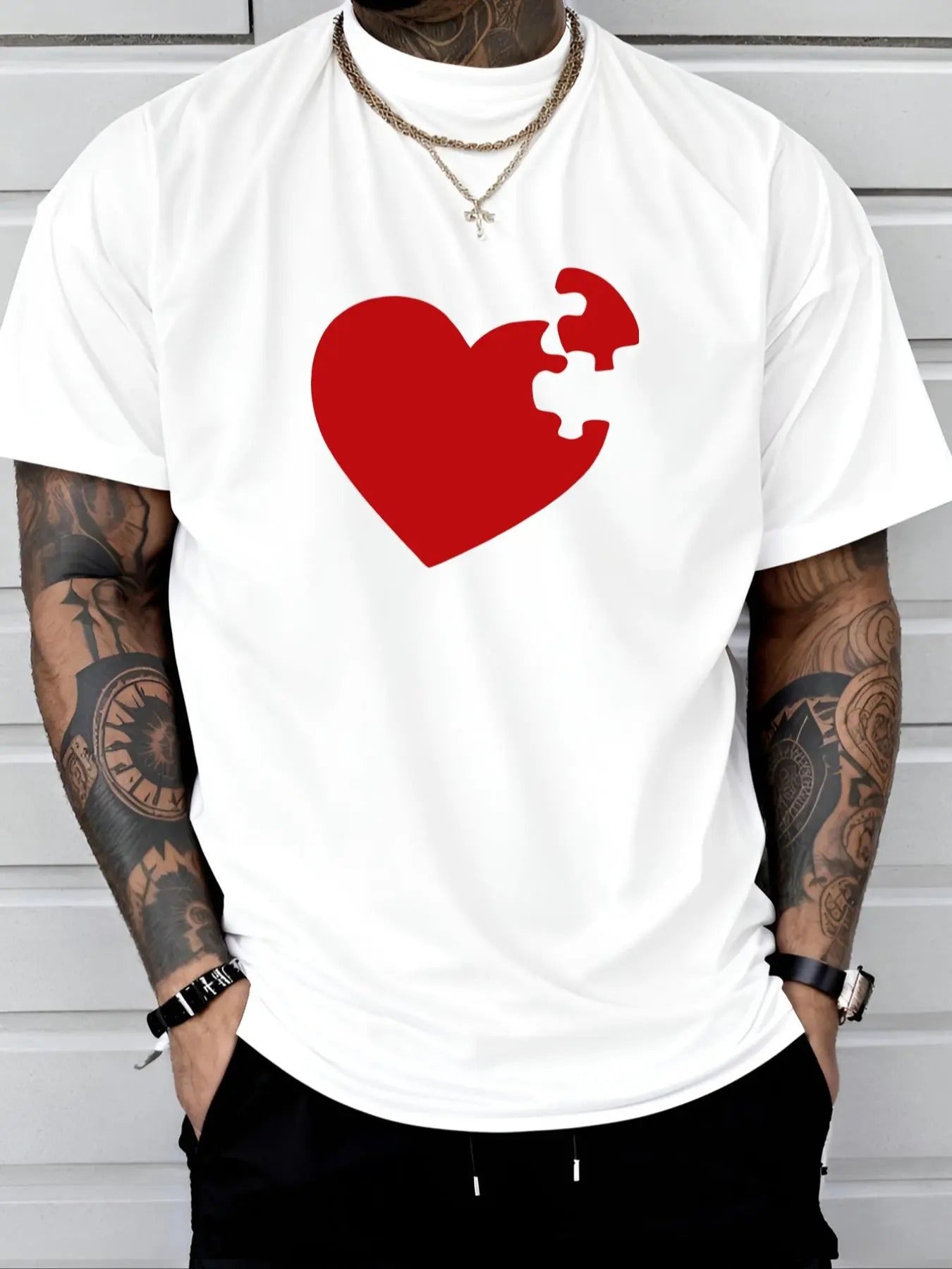 Men's Heart Print Round Neck Tee, Regular Fit Casual Short Sleeve Crew Neck T-Shirt for Daily Wear, Men's Top for All...