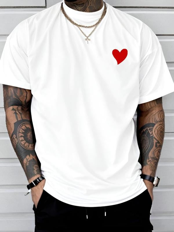 Men's Heart Print Round Neck Tee, Regular Fit Casual Short Sleeve Crew Neck T-Shirt for Daily Wear, Men's Top for All...