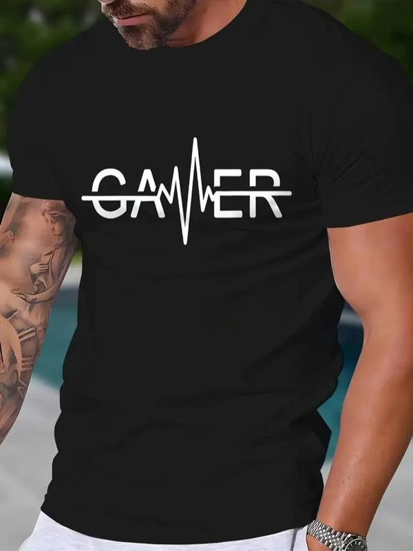 Men's Heart Rate & Letter Print Round Neck Tee, Regular Fit Casual Short Sleeve Crew Neck T-Shirt for Daily Wear, Fashion...