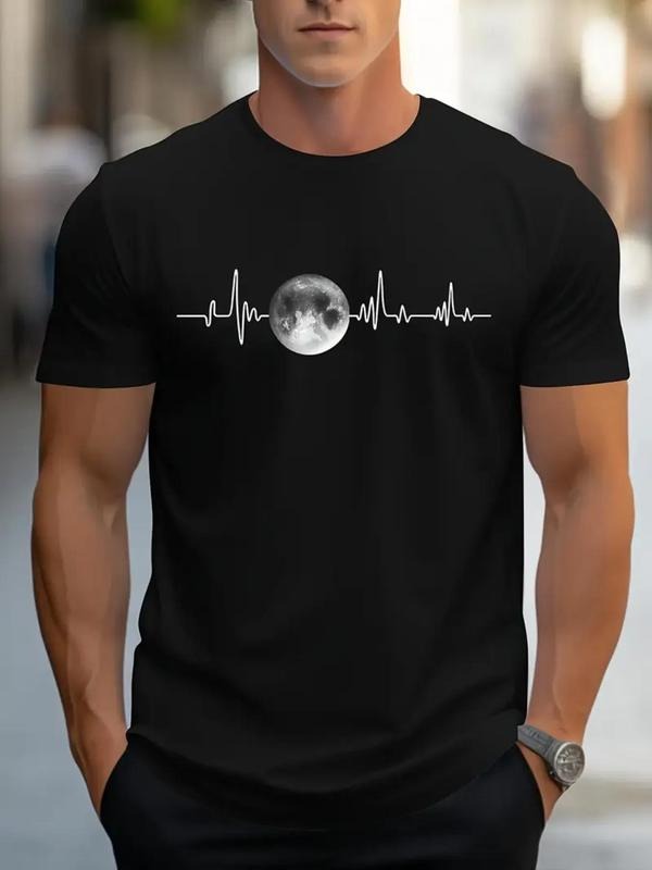 Men's Heartbeat & Moon Print Round Neck Tee, Regular Fit Casual Short Sleeve Crew Neck T-Shirt for Daily Wear, Men's Top...