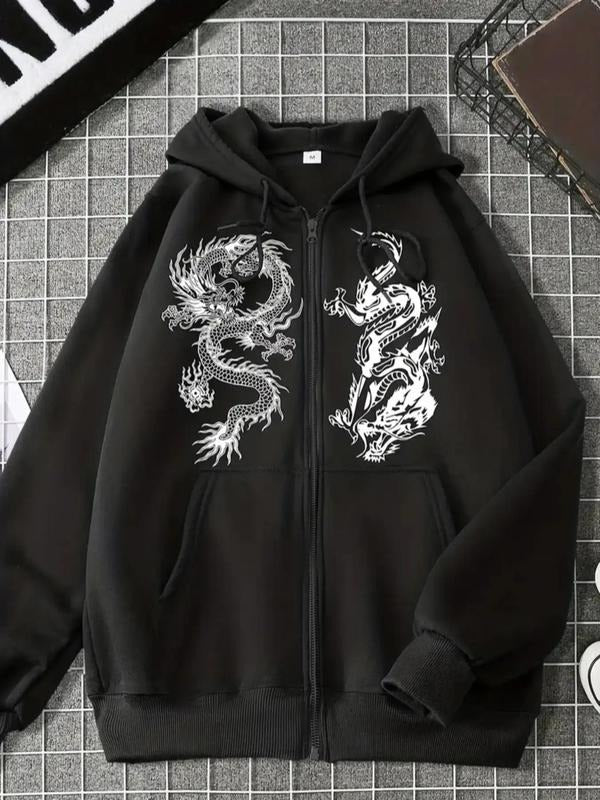 Men's Hip Hop Dragon Print Zip Up Hoodie, Regular Fit Casual Drawstring Hooded Sweatshirt for Daily Outdoor Wear, Men...