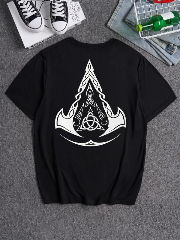 Men's Hip Hop Street Style Graphic Print Round Neck Tee, Loose Street Fashion Drop Shoulder Short Sleeve Crew Neck...