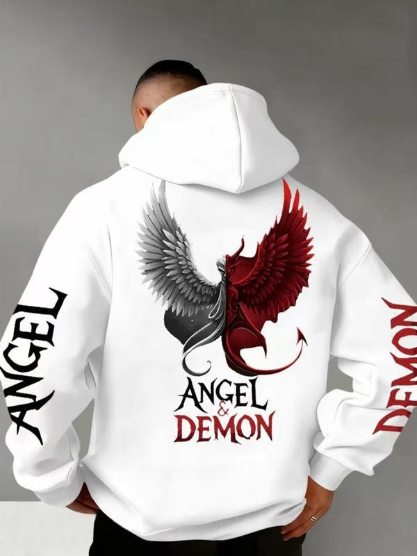 Men's Hooded Angel & Demon Wings Graphic Sweatshirt, Fall Winter Street Style Casual Fitted Comfortable Fashion T-Shirts,...
