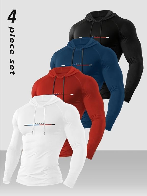Men's Hooded Long Sleeve T-Shirt Set, Casual Fitted Design, Fall Season Wear, Moderate Fabric Thickness, Kint Style...