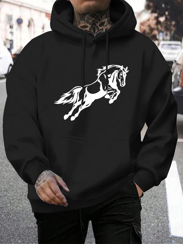 Men's Hooded Sweatshirt Casual Loose Fit Horse Pattern Print Streetwear Trendy Spring & Fall Fashion T-Shirts, Hoodie